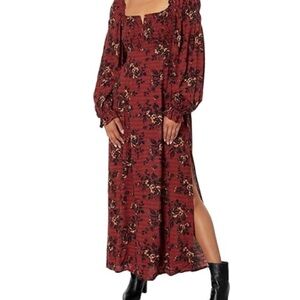 Free People Jaymes Burgundy Floral Long Sleeve Dress